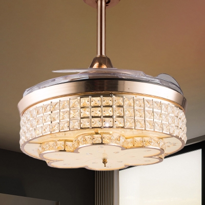 3-Blade Drum Bedroom Pendant Fan Light Clear Crystal Glass LED Contemporary Semi Flush in Gold, 42.5