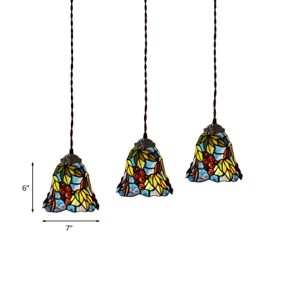 3 Heads Bell Multiple Hanging Light Baroque Pink Peony/Blue Floral/Green Grapes Stained Glass Ceiling Pendant
