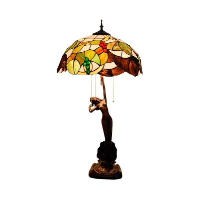 3-Light Bedroom Night Table Lamp Baroque Coffee Leaf and Grape Patterned Desk Light with Dome Hand Cut Glass Shade
