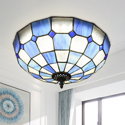 3-Light Flushmount Ceiling Lamp Baroque Gridded Dome Clear/Textured White/Royal Blue-White Glass Flush Mount Fixture