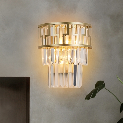 3-Tiered Tapered Crystal Prism Wall Light Mid-Century 2 Lights Living Room Flush Mount Wall Sconce in Gold