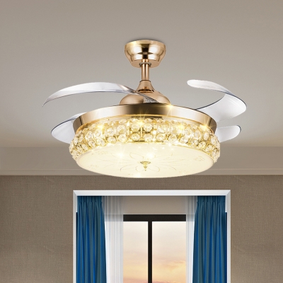 4-Blade Modern Round Pendant Fan Lamp Faceted-Crystal LED Bedroom Semi Flush Lighting in Gold, 19.5