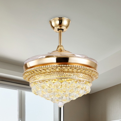 4 Blades Cone Semi Flush Lamp Fixture Modernist Crystal Balls LED Gold Ceiling Fan Lighting, 35.5