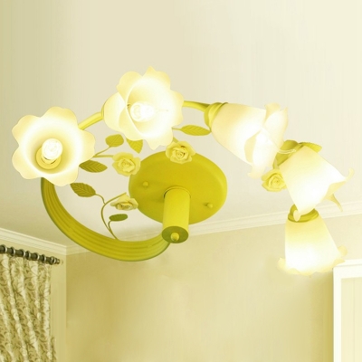 5-Bulb Flower Semi Flush Light Romantic Pastoral Green Frosted Glass Flush Mount Lamp