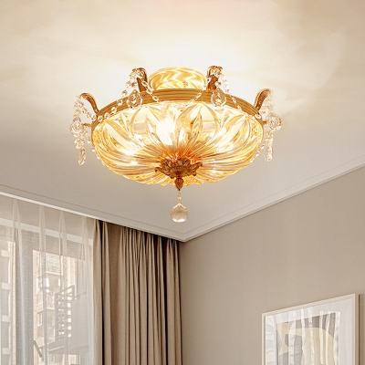 5-Light Crystal Semi Flush Mount Vintage Brass Basket Dining Room Close to Ceiling Lamp with Ball Finial
