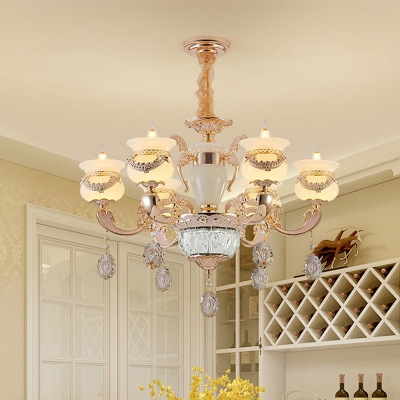 6-Bulb Opal Frosted Glass Chandelier Vintage Gold Urn Dining Room Pendant Light Fixture with Carved Ornament