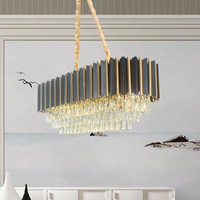 8-Light Elliptical Island Pendant Postmodern Black and Gold Crystal Hanging Ceiling Light