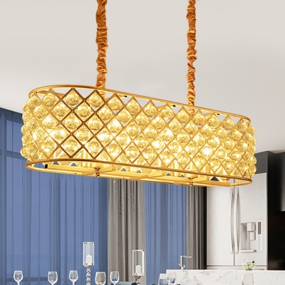 8-Light Oblong Trellis Cage Island Pendant Modernist Gold Faceted Crystal Orbs Hanging Lamp