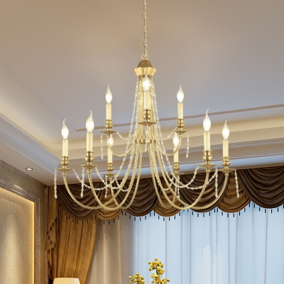 9-Light Candle Style Swoop Arm Chandelier Countryside Gold Crystal Strand Pendant Ceiling Light