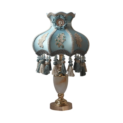 Aqua Ridged Table Lighting Pastoral Fabric 1-Light Nightstand Lamp with Tassel Knot Drop