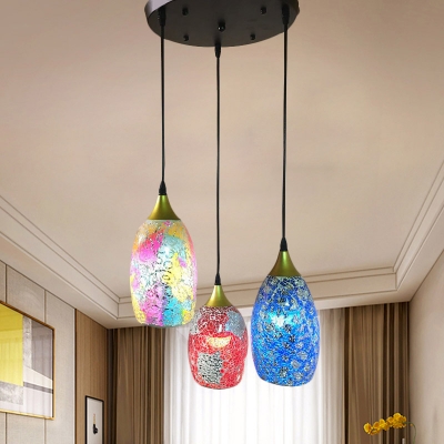 

Black 3 Heads Cluster Pendant Tiffany Stained Glass Elongated Dome Pendulum Light with Round Canopy for Living Room, HL626732