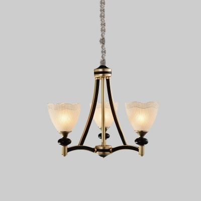 Black and Gold 3/5 Heads Chandelier Light Countryside Clear Ribbed Glass Bowl Shade Suspension Pendant