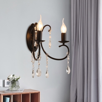 Black Swirled Arm Candle Wall Light Retro Iron 2 Bulbs Living Room Sconce with Crystal Strands