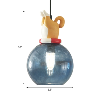 Blue Glass Ball Mini Pendant Light Kids Novelty 1 Head Hanging Lamp Kit with Dog/Duck/Fox Cork