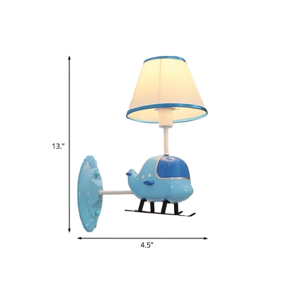 Blue Helicopter Wall Mounted Lamp Kids 1-Light Resin Sconce Light Fixture with Tapered Fabric Lampshade