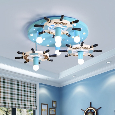 Blue Rudder Ceiling Lighting Kids Style 7-Light Wood Semi Flush Mount Lamp with Naked Bulb Design