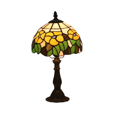 Bowl Shade Night Table Light Tiffany Style Cut Glass 1 Light Red/Yellow Petal Patterned Nightstand Lamp for Bedside