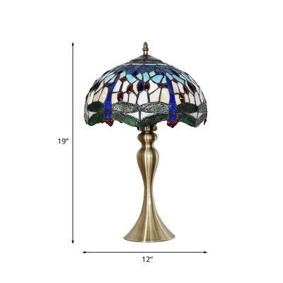 Bowl Shade Stained Glass Table Lamp Tiffany 1 Head Gold Finish Nightstand Light with Dragonfly Pattern