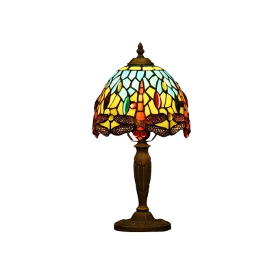 Bowl Shape Table Lamp Baroque Orange/Blue/Green Glass 1 Bulb Bronze Night Light with Dragonfly Edge