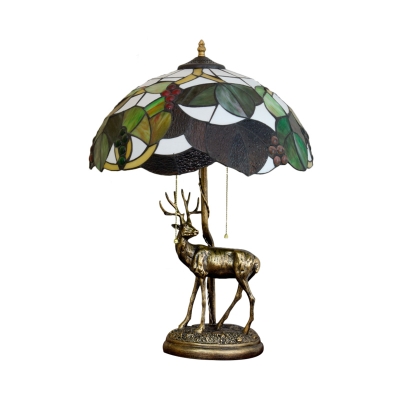 Bowl Shaped Nightstand Lamp Tiffany Style Stained Glass 2-Light Brown/Green Flower/Leaf Night Light with Resin Elk Base