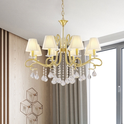 Brass 8 Heads Ceiling Chandelier Country Fabric Cone Shade Suspension Lamp with Crystal Drapes