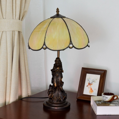 Bronze Scalloped Night Table Light Victorian 1-Light Yellow Glass Desk Lighting with Nymph Design