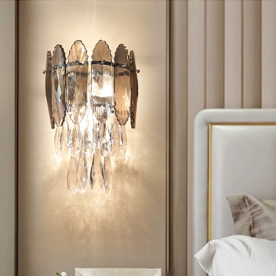 Champagne/Smoke Grey Crystal Wall Sconce Layered 2 Heads Postmodern Style Wall Mount Lighting for Bedroom