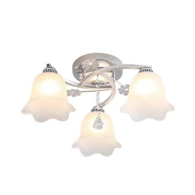 Chrome 3-Bulb Semi Flush Modernism White Glass Blossom Flushmount with Crystal Drop