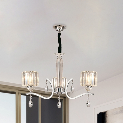 Chrome 3-Head Hanging Light Kit Modern Crystal Block Cylindrical Ceiling Chandelier for Bedroom