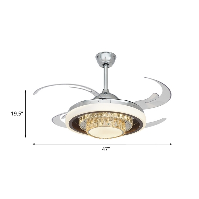 Chrome Round Hanging Fan Lamp Modernist Crystal Block LED Semi Flush Light Fixture with 4 Blades, 47