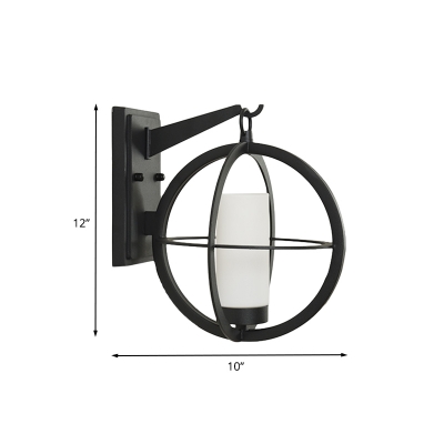 Classic Globe Cage Wall Mounted Light 1-Light Metal Wall Sconce in Black with Inner Tube Opal Glass Shade