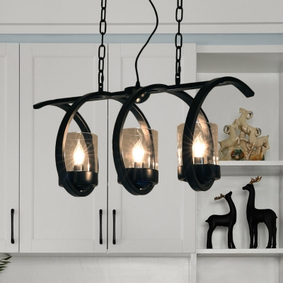 Coiled Iron Hanging Island Light Industrial 3/5-Head Dining Table Pendant in Black with Inner Cup Clear Glass Shade