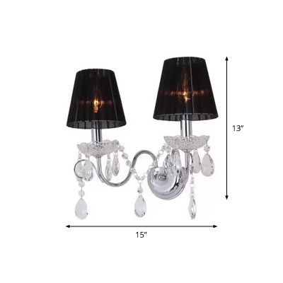 Cone Living Room Wall Light Retro Faux-Pleated Fabric 2-Bulb Black Sconce Lamp with Crystal Accents