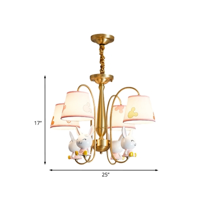 Conical Fabric Chandelier Light Kids 4 Bulbs Gold and Pink Ceiling Suspension Lamp with Decorative Rabbit