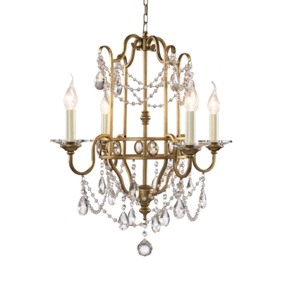 Countryside Candle Chandelier Lighting 4 Lights Iron Pendant Lamp with Crystal Chain and Framework in Gold