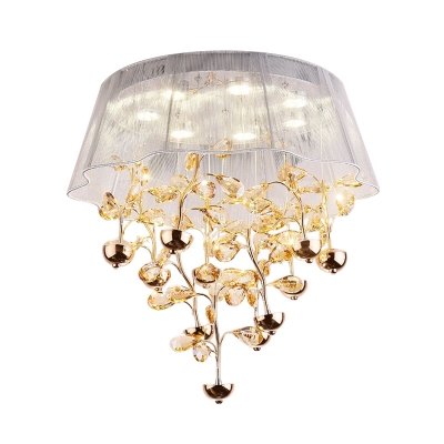 Crystal Branch Ceiling Flush Modernism LED Gold Flush Mounted Light with Pink/Silver Sheer Fabric Shade