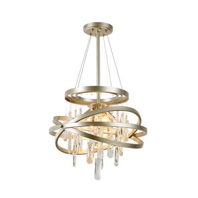 Crystal Cascade Chandelier Modern Stylish 4-Light Dining Room Pendant Light with Gold Interlocking Rings