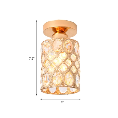 Crystal-Encrusted Gold Flush Mounted Lamp Cylinder Hollowed Out 1-Light Modern Style Ceiling Light