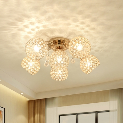 Crystal Gold Semi Flush Light Dome 4/6/9 Lights Contemporary Flush Mount with Sputnik Design