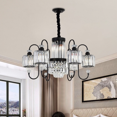 Crystal Prism Cylinder Ceiling Chandelier Modernism 6-Bulb Black Finish Suspension Light