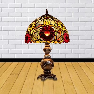 Cut Glass Domed Table Lamp Tiffany Style 1 Bulb Brown Finish Floral Patterned Nightstand Light
