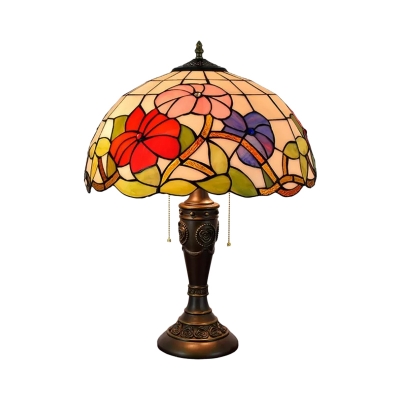 Cut Glass Red/Orange Night Lamp Bowl Shaped 2-Light Victorian Pull Chain Nightstand Lighting with Floral Patterned