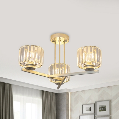 Cylindrical Bedroom Semi Flush Contemporary K9 Crystal 3/4 Heads Gold Flush Mount Light Fixture