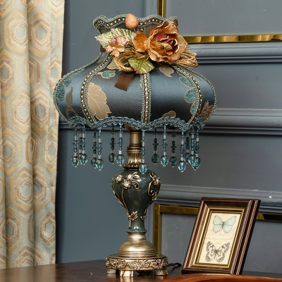 Dark Blue 1-Light Table Lamp Pastoral Style Floral Fabric Vase Shade Nightstand Light with Drape and Rose Decor