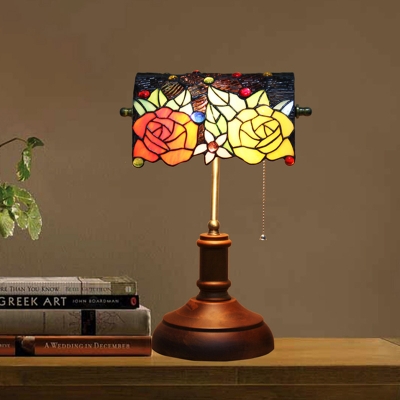 Dark Brown 1 Head Bankers Table Lamp Tiffany Stained Art Glass Rose Pattern Night Stand Light