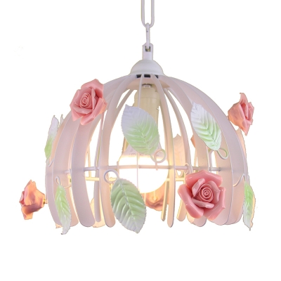Dome Cage Iron Hanging Pendant Country 1-Light Dining Room Pendulum Light with Pink Ceramic Flower Deco