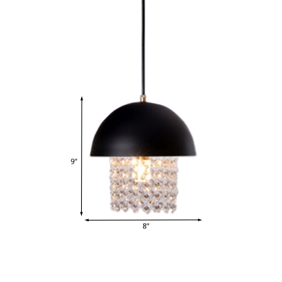 Dome Iron Pendant Light Simplicity 1 Head Dining Room Ceiling Lamp in Black with Crystal Drop