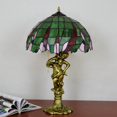 Dome Night Lighting 3-Light Stained Art Glass Victorian Pull Chain Nightstand Lamp in Bronze with Woman Base