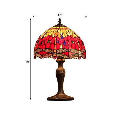 Domed Night Lighting 1 Light Stained Art Glass Victorian Dragonfly Patterned Table Lamp in Dark Brown