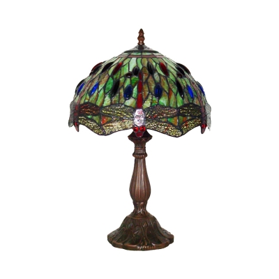 Dragonfly Nightstand Lamp 1-Bulb Stained Art Glass Mediterranean Desk Light with Jeweled Pattern